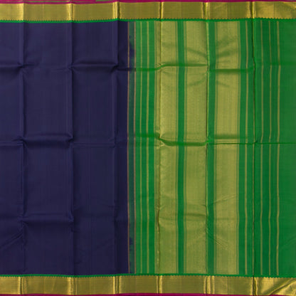 Navy Blue And Green Kanchipuram Silk Saree With Small Border Handwoven Pure Silk For Festive Wear PV J 3090