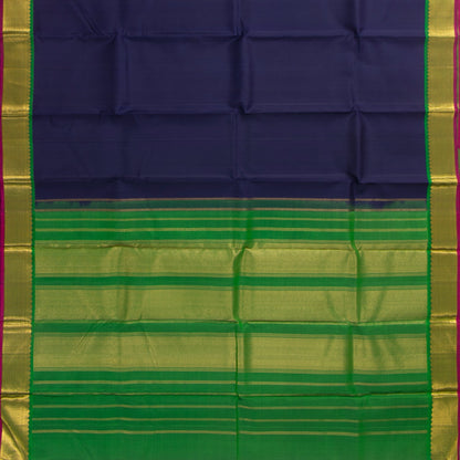 Navy Blue And Green Kanchipuram Silk Saree With Small Border Handwoven Pure Silk For Festive Wear PV J 3090