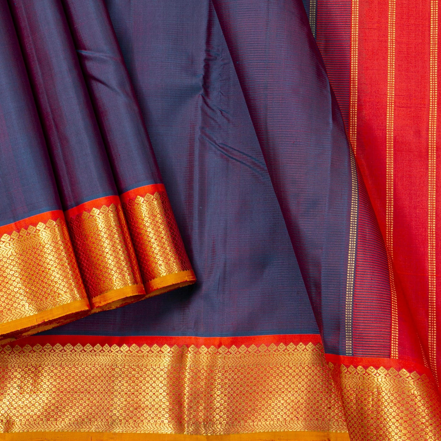 Blue And Red Kanchipuram Silk Saree For Festive Wear PV J 5575