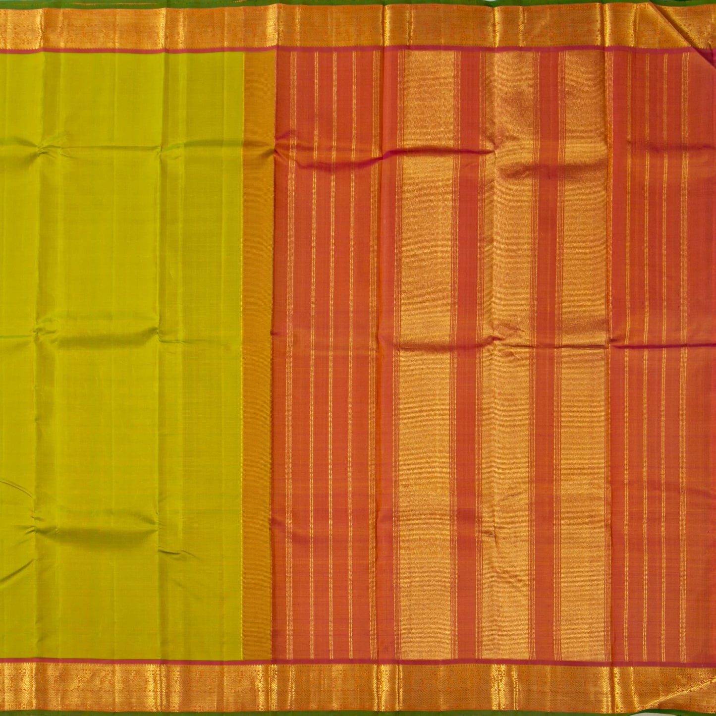 Green And Orange Kanchipuram Silk Saree For Festive Wear PV J 5576