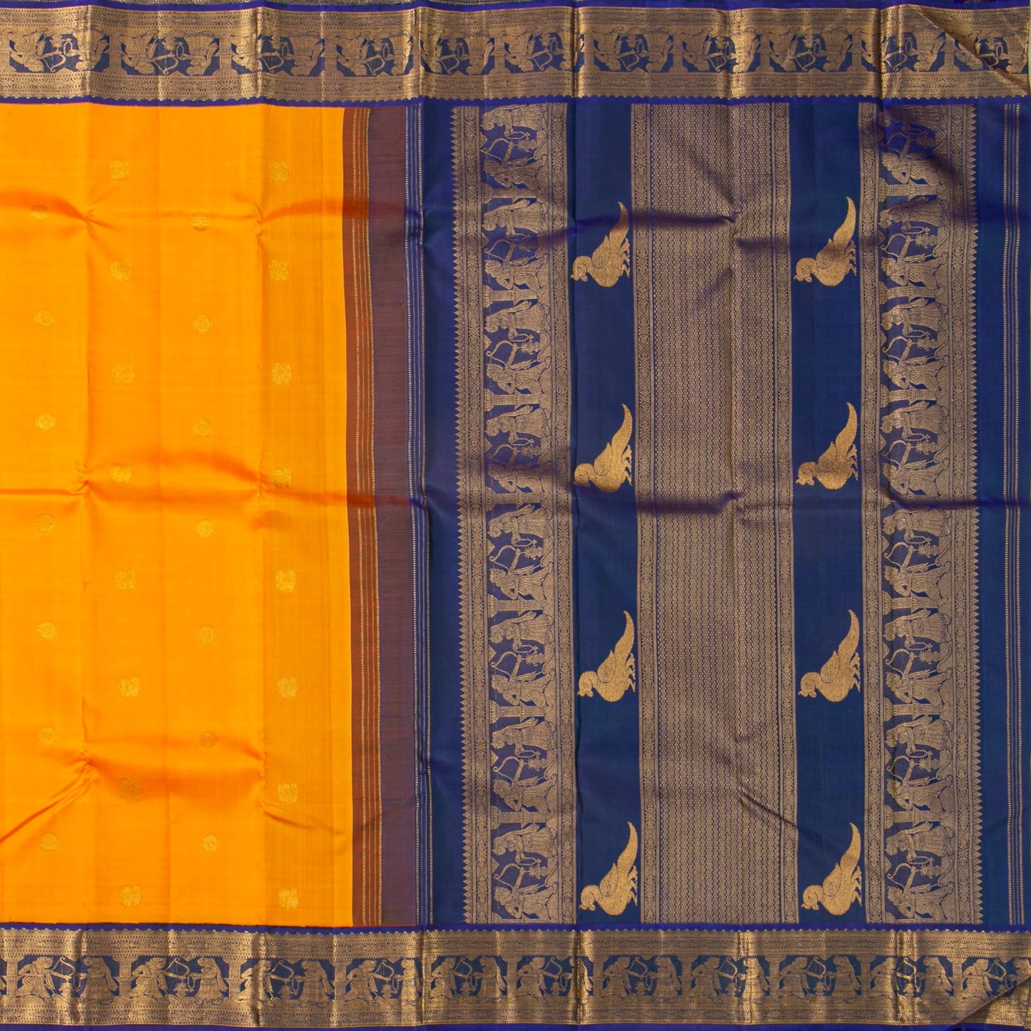 Yellow And Blue  Kanchipuram Silk Saree For Festive Wear PV J 4723