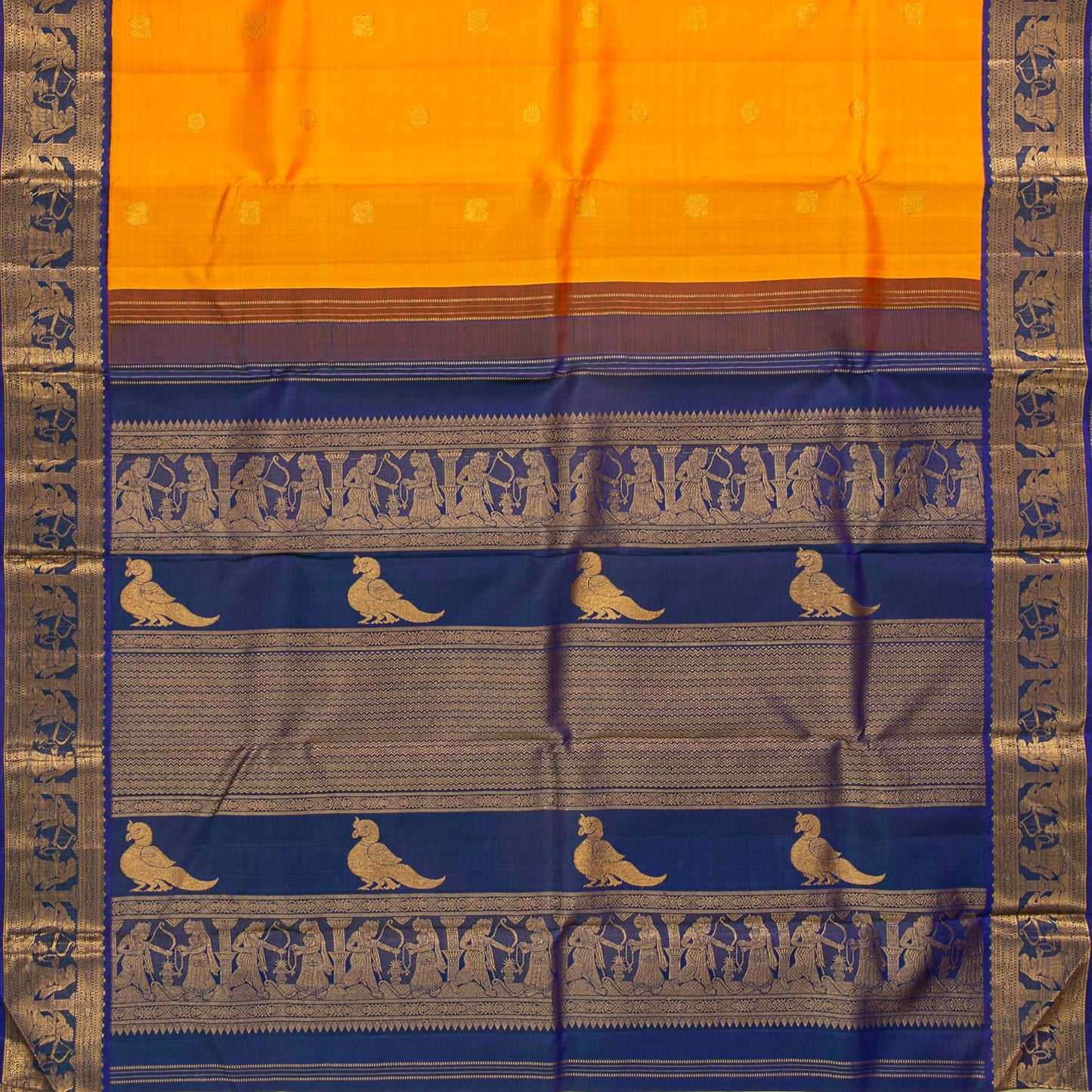 Yellow And Blue  Kanchipuram Silk Saree For Festive Wear PV J 4723