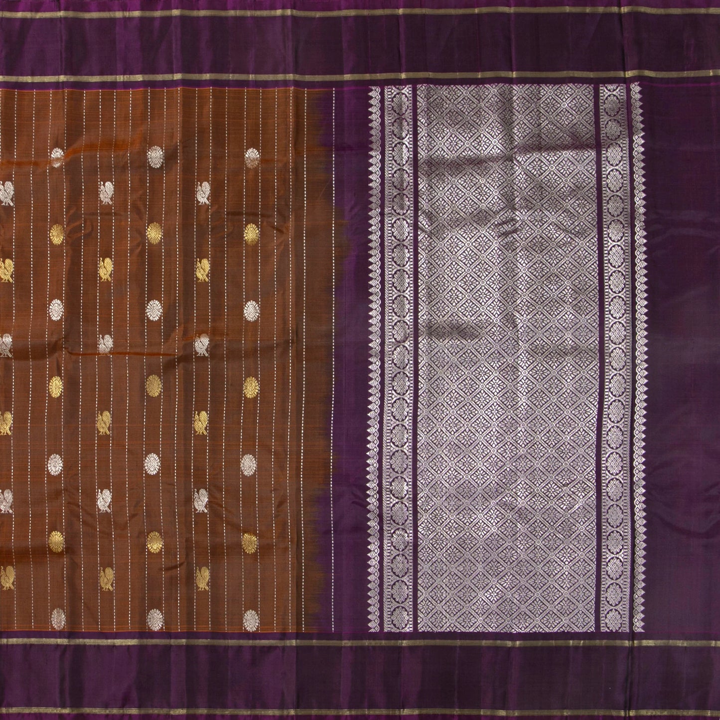 Brown And Purple Kanchipuram Silk Saree For Festive Wear PV NYC 1863 - Silk Sari - Panjavarnam PV NYC 1863