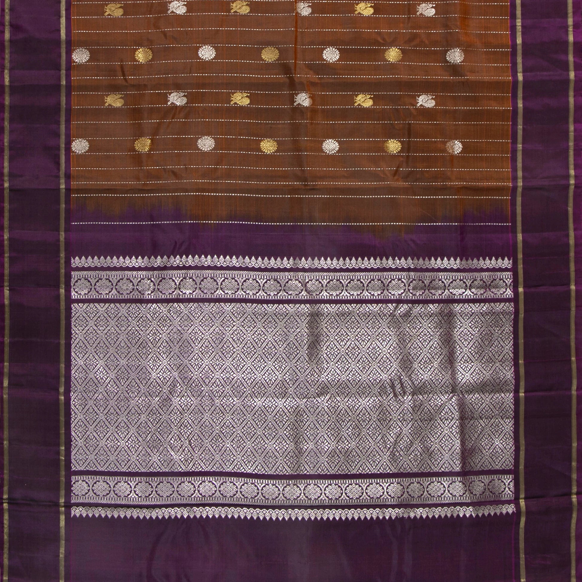 Brown And Purple Kanchipuram Silk Saree For Festive Wear PV NYC 1863 - Silk Sari - Panjavarnam PV NYC 1863