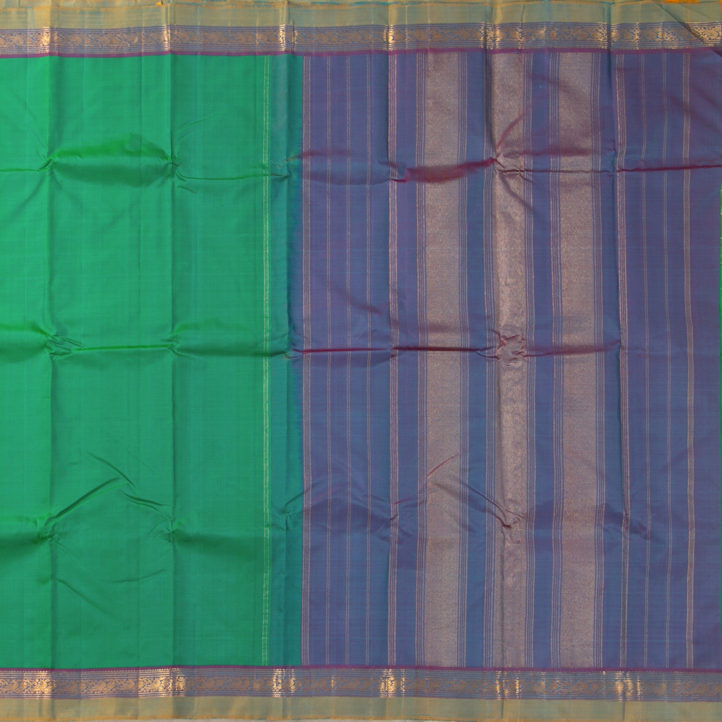 Sea Green And Mauve Kanjivaram Silk Saree With Small Border Handwoven Pure Silk For Festive Wear PV J 3080