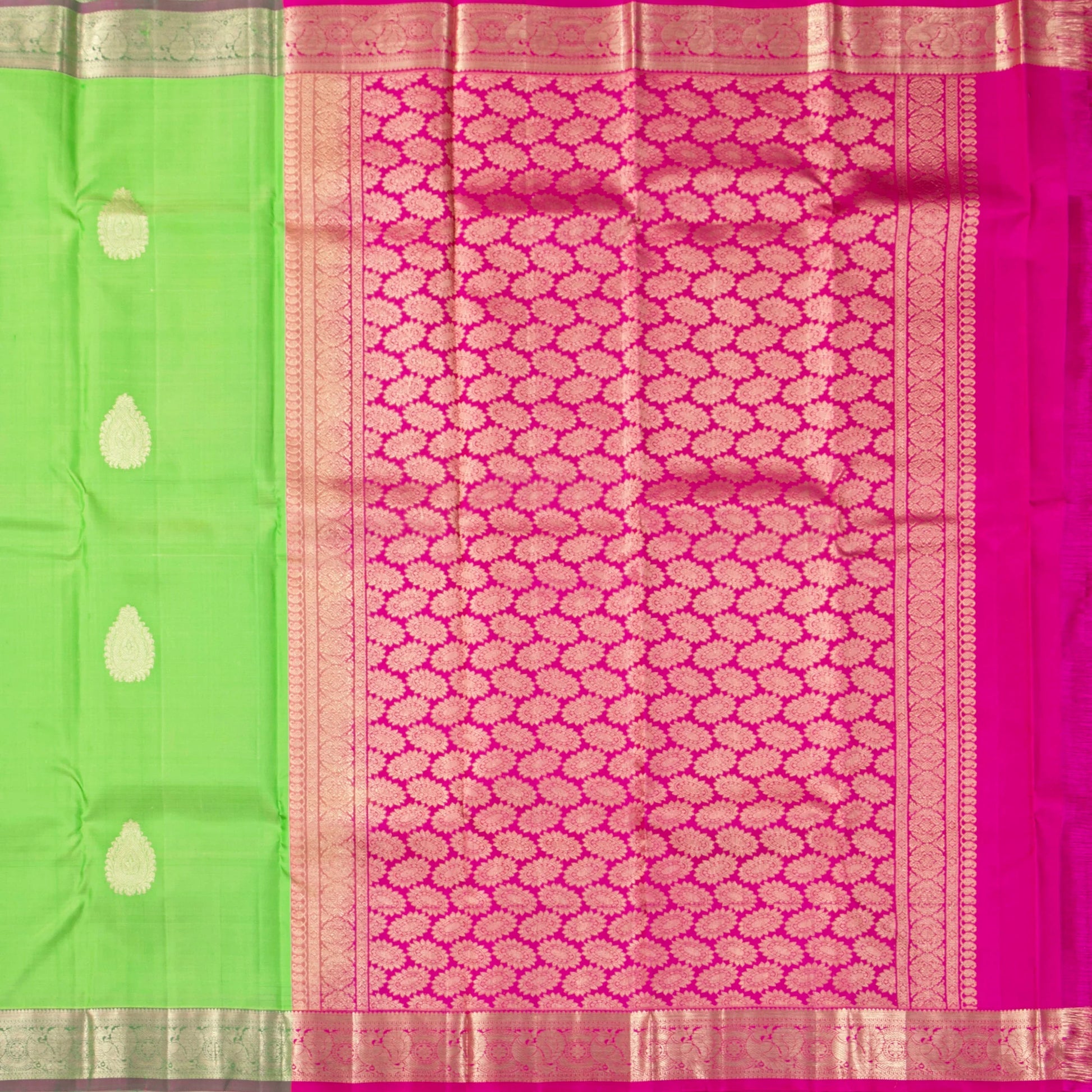 Green And Pink Kanchipuram Silk Saree For Festive Wear PV NYC 1864 - Silk Sari - Panjavarnam PV NYC 1864