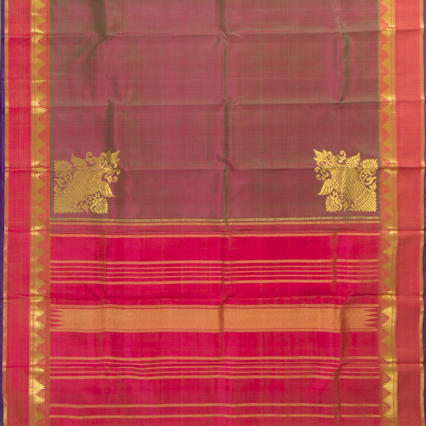 Manthulir Green Kanjivaram Silk Saree With Medium Border Handwoven Pure Silk For Festive Wear PV ABI 2242