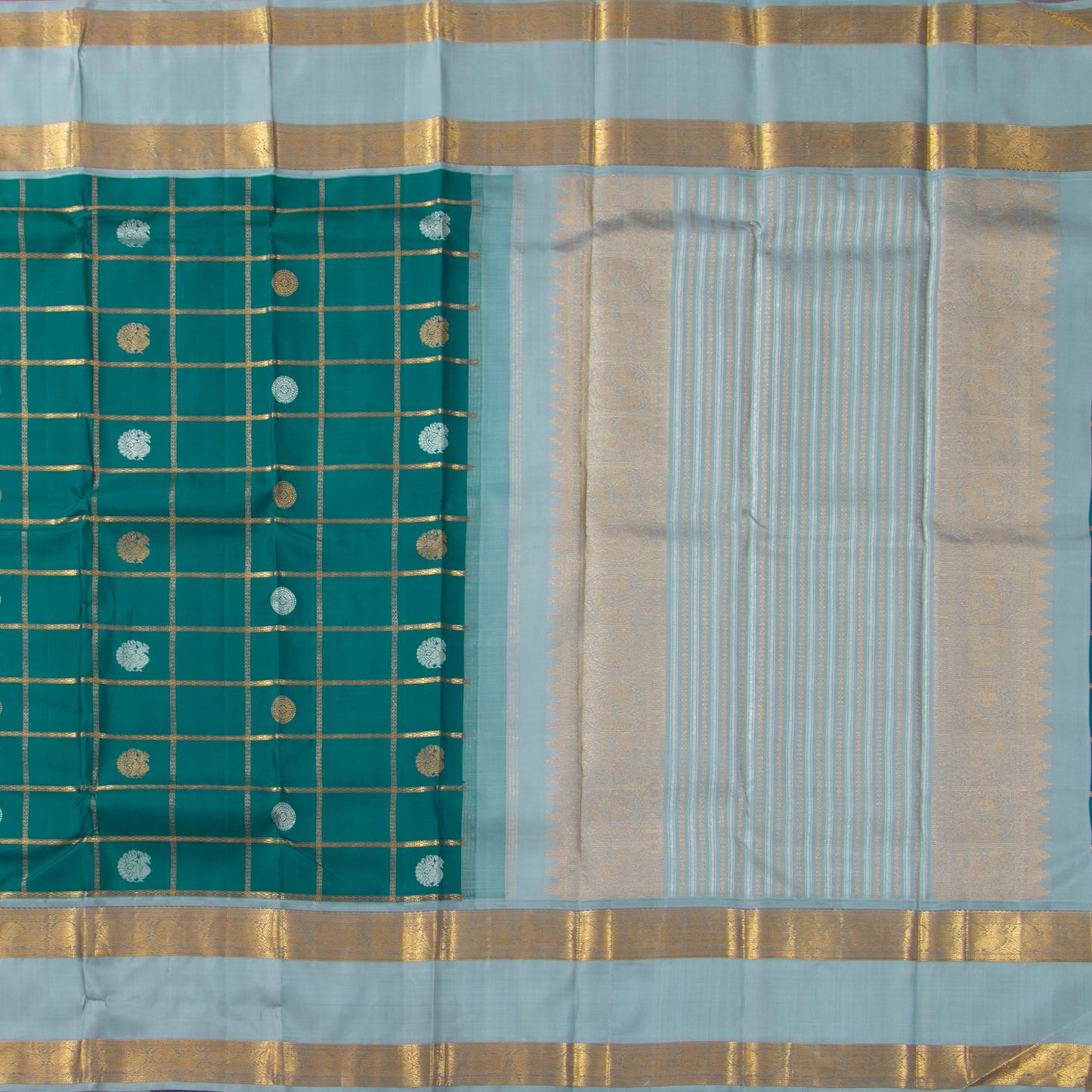 Mayilkazhuthu Green And Pastel Blue Kanjivaram Silk Saree With Medium Border Handwoven Pure Silk For Festive Wear PV J 10