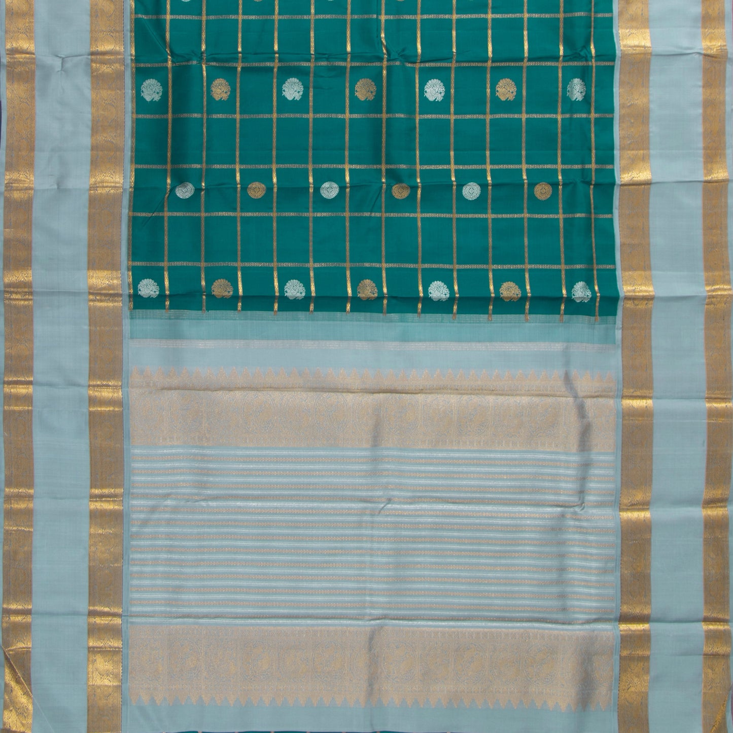 Mayilkazhuthu Green And Pastel Blue Kanjivaram Silk Saree With Medium Border Handwoven Pure Silk For Festive Wear PV J 10