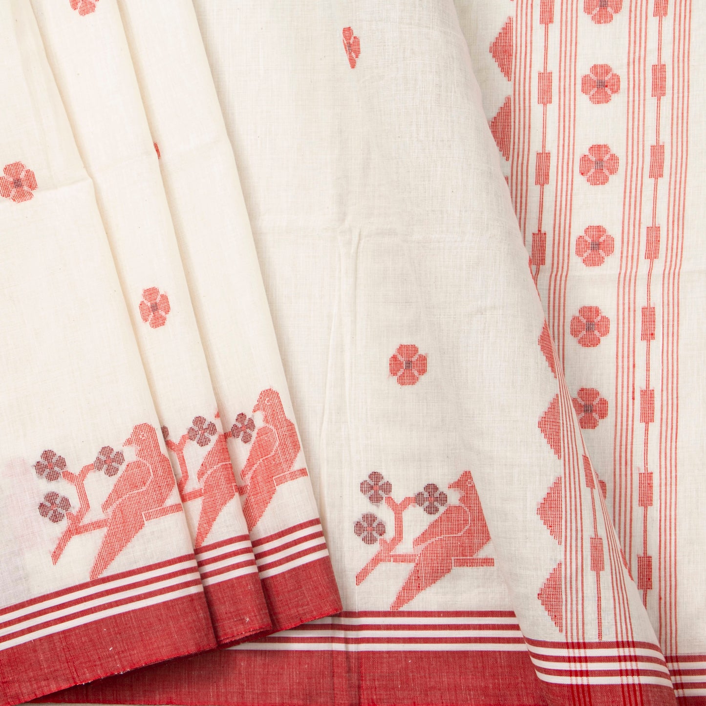 Off White And Red Dhakai Jamdani Khadi Mulmul Saree For Party Wear PV MJ 161