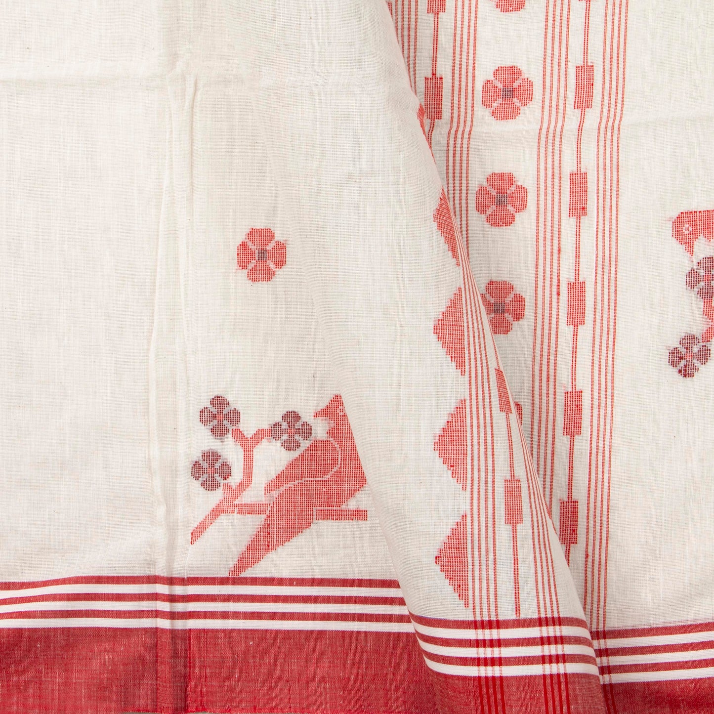 Off White And Red Dhakai Jamdani Khadi Mulmul Saree For Party Wear PV MJ 161