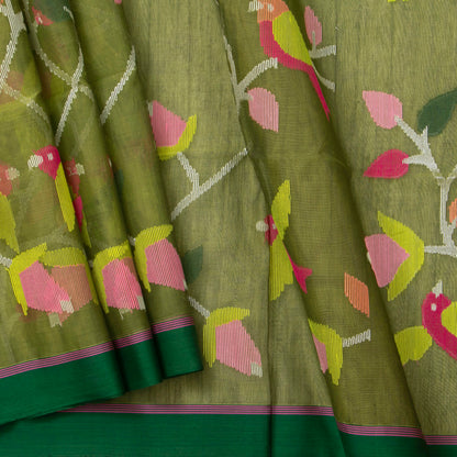 Green Dhakai Jamdani Kora Silk Saree Handwoven PV MJ 57