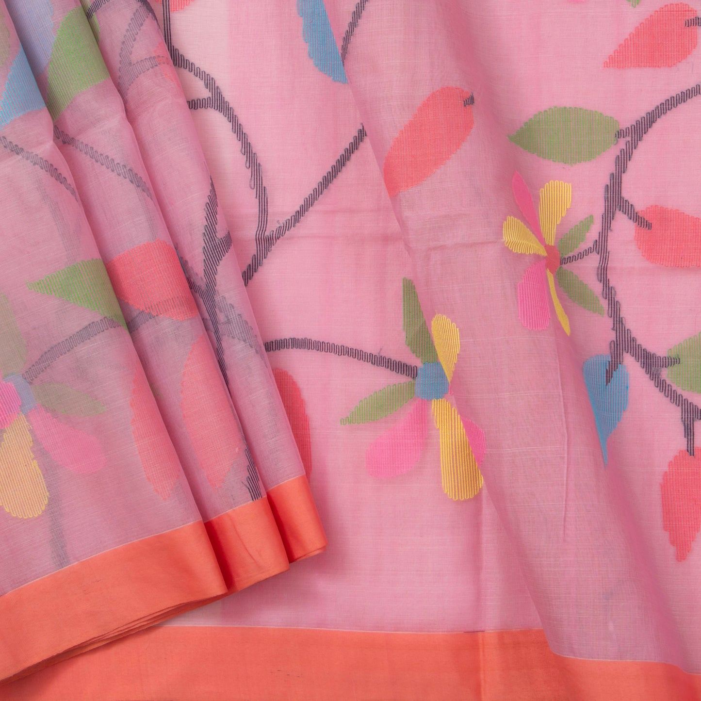 Pink Dhakai Jamdani Kora Silk Saree Handwoven PV MJ 59