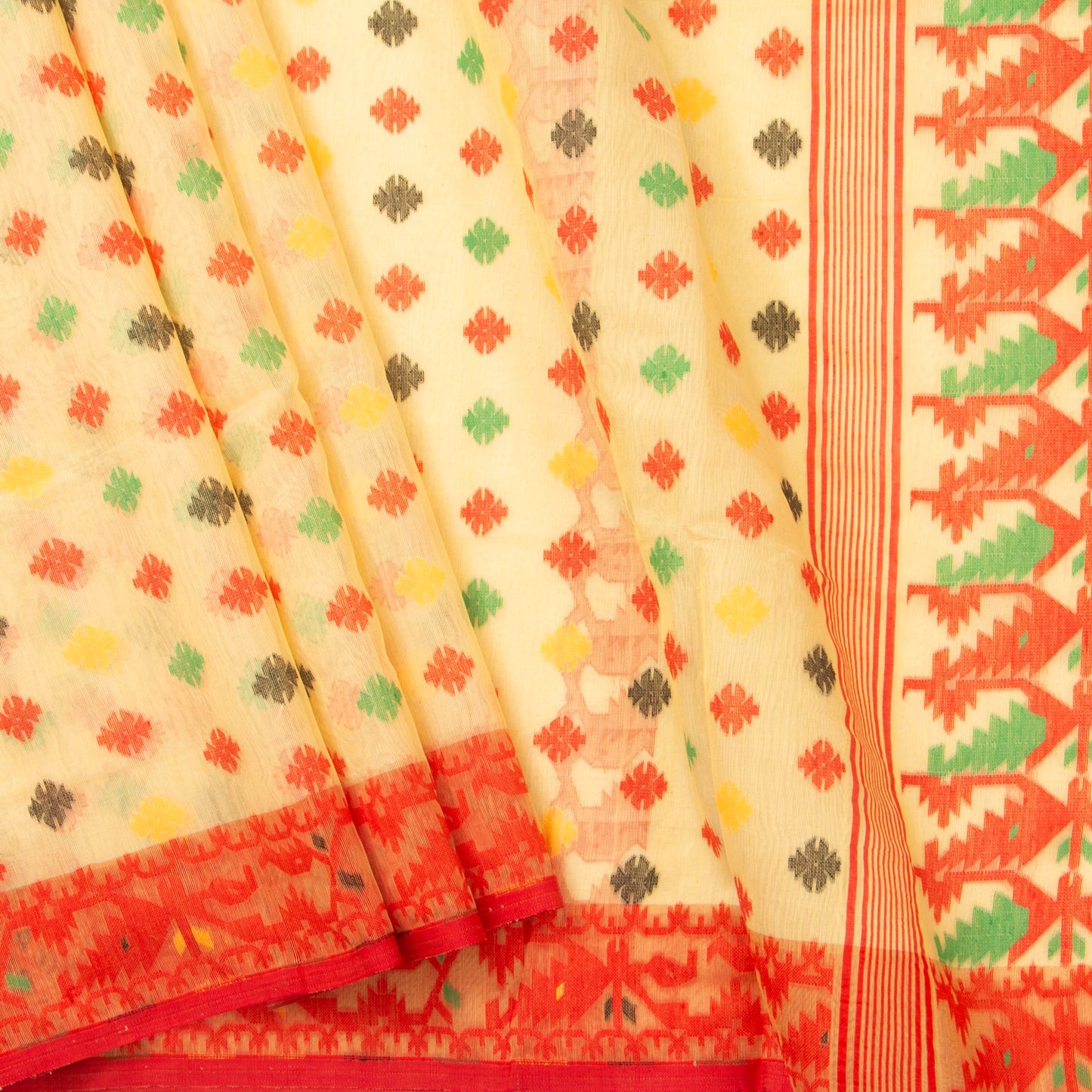 Yellow And Red Dhakai Jamdani Mulmul Silk Saree Handwoven PV MJ 67