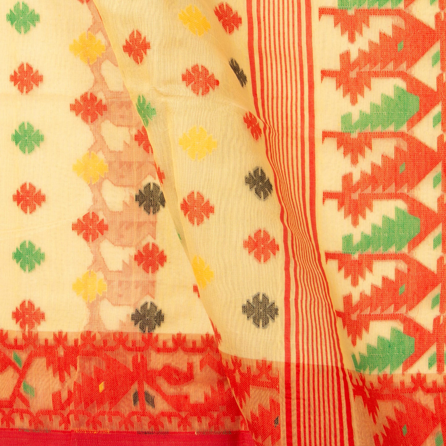 Yellow And Red Dhakai Jamdani Mulmul Silk Saree Handwoven PV MJ 67