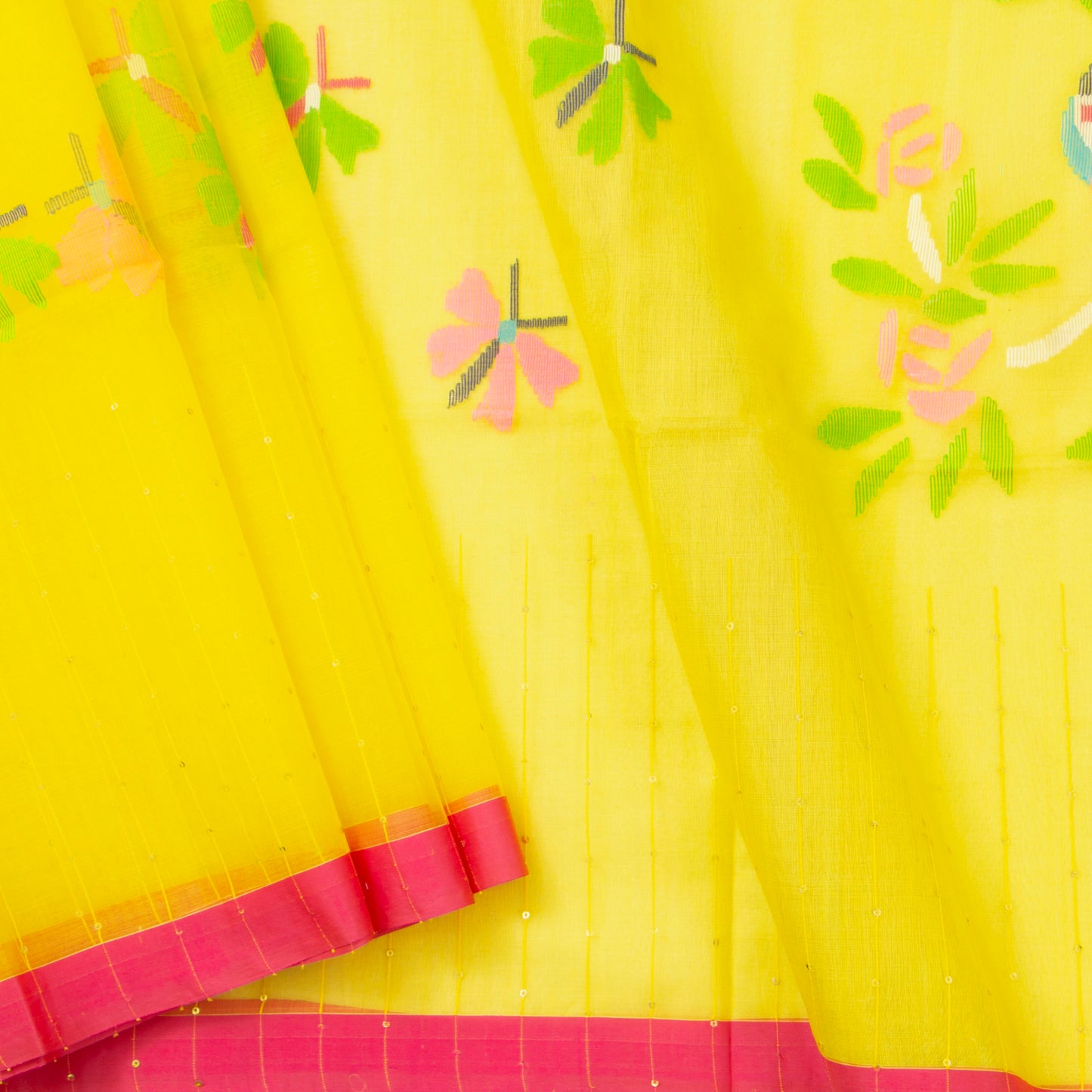 Yellow Dhakai Jamdani Kora Silk Saree Handwoven PV MJ 64