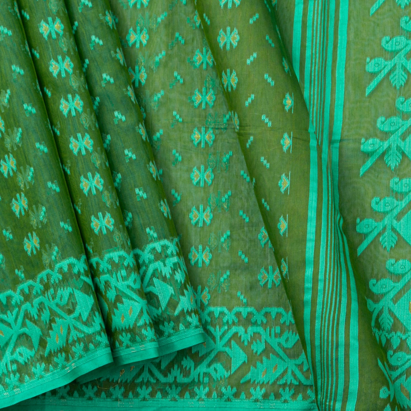 Green Dhakai Jamdani Mulmul Silk Saree For Party Wear PV MJ 144
