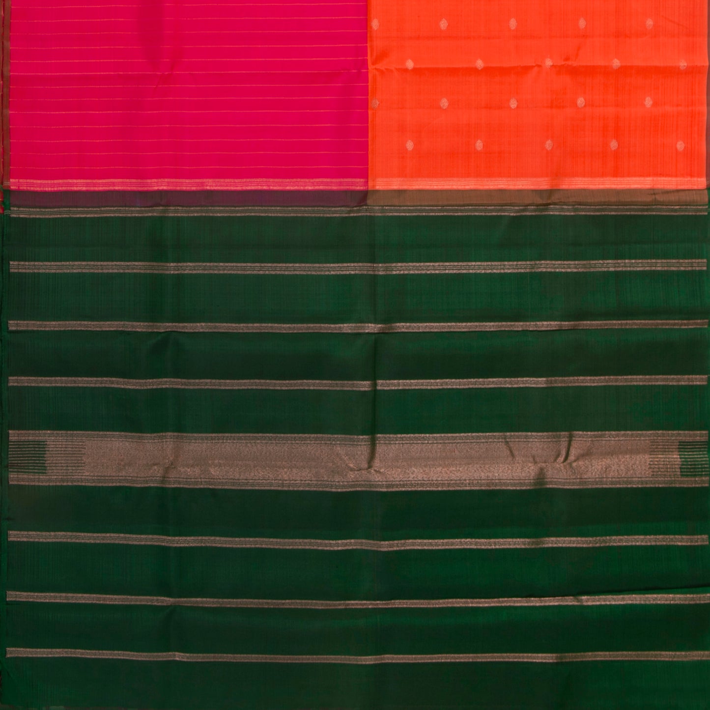 Pink, Orange And Green Half And Half Kanchipuram Silk Saree Handwoven Pure Silk For Festive Wear PV 2037