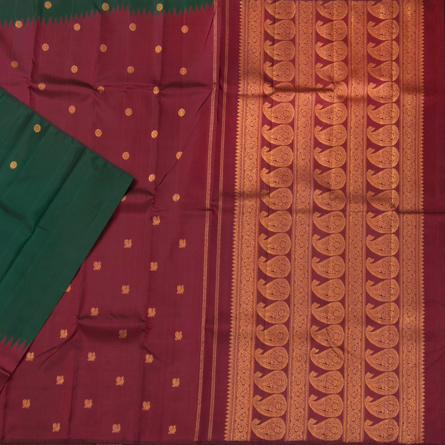 Maroon And Green Kanchipuram Silk Saree Handwoven Pure Silk No Zari Rising Border  PV NYC 1256