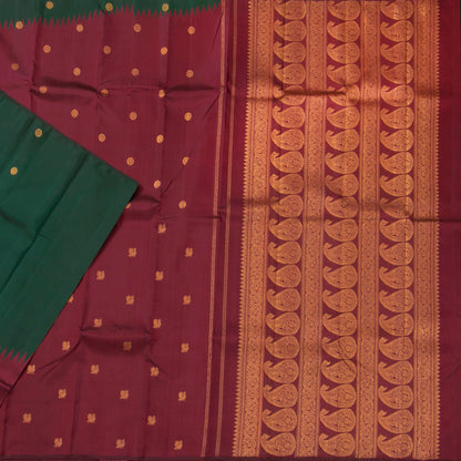 Maroon And Green Kanchipuram Silk Saree Handwoven Pure Silk No Zari Rising Border  PV NYC 1256