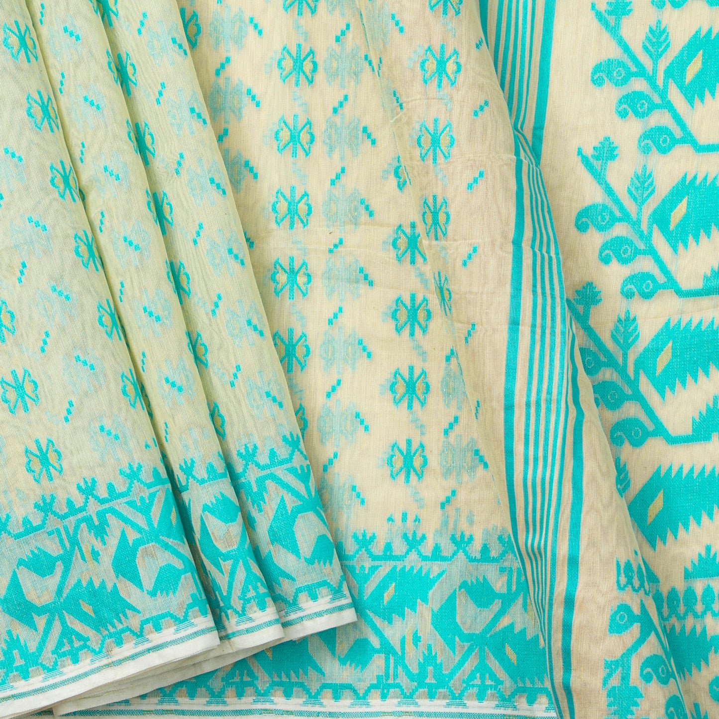 Off White And Blue Dhakai Jamdani Mulmul Silk Saree For Party Wear PV MJ 143