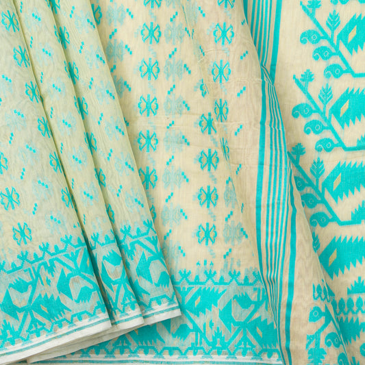 Off White And Blue Dhakai Jamdani Mulmul Silk Saree For Party Wear PV MJ 143