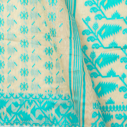 Off White And Blue Dhakai Jamdani Mulmul Silk Saree For Party Wear PV MJ 143