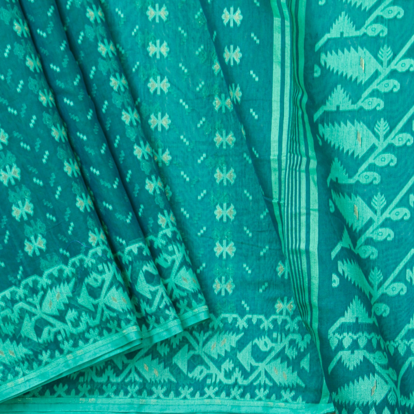 Green Dhakai Jamdani Mulmul Silk Saree For Party Wear PV MJ 141