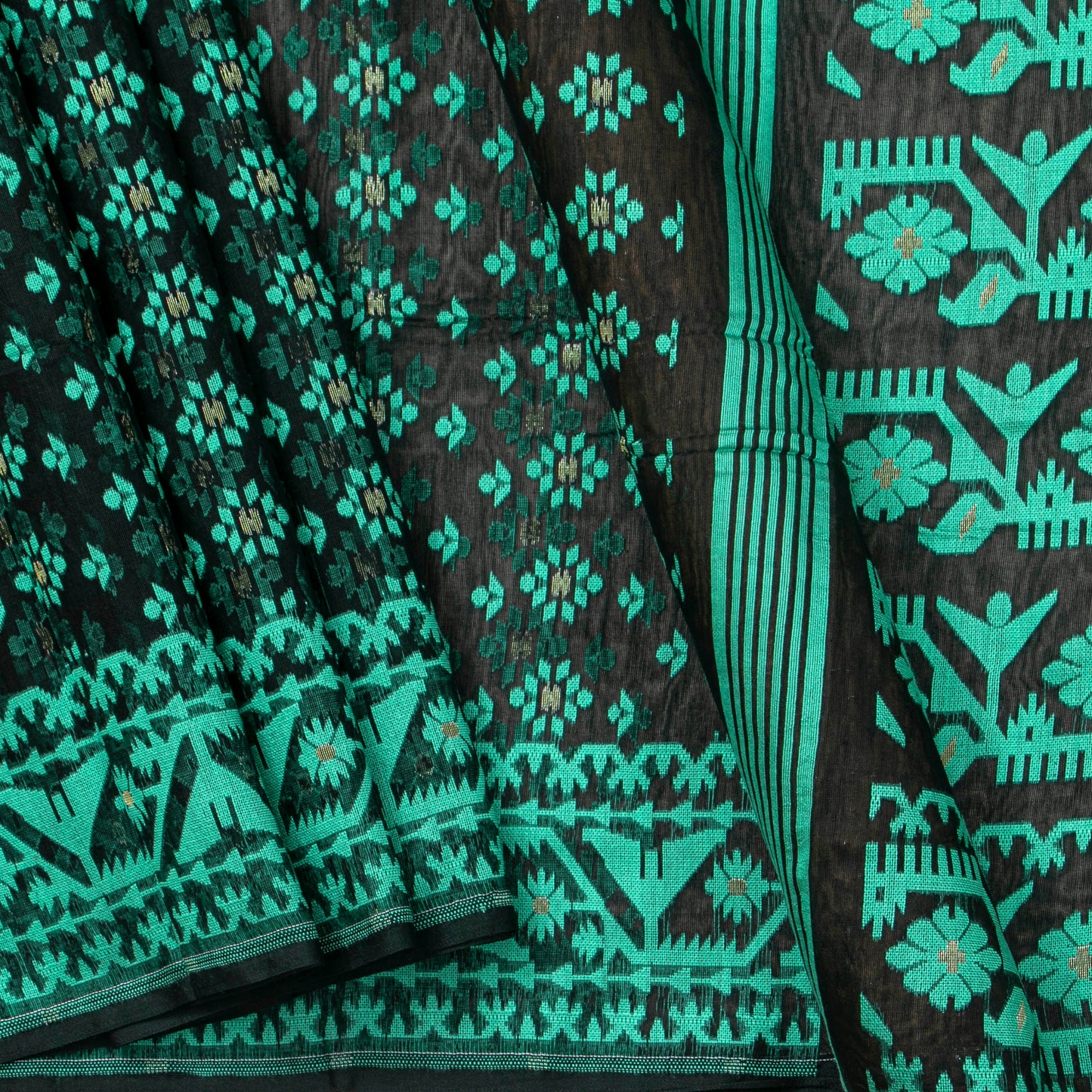 Black And Green Dhakai Jamdani Mulmul Silk Saree For Party Wear PV MJ 136
