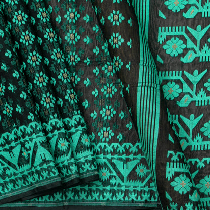 Black And Green Dhakai Jamdani Mulmul Silk Saree For Party Wear PV MJ 136
