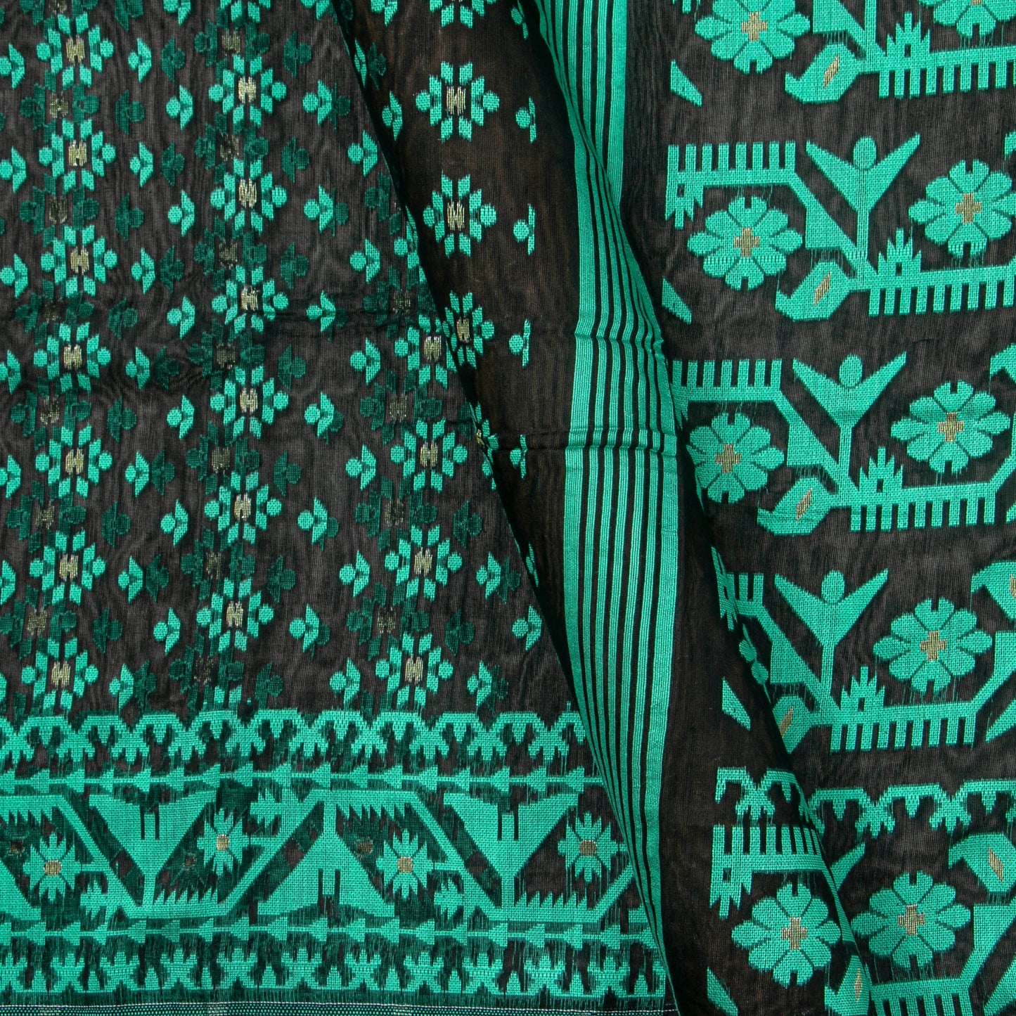 Black And Green Dhakai Jamdani Mulmul Silk Saree For Party Wear PV MJ 136