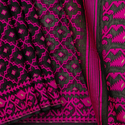 Black And Pink Dhakai Jamdani Mulmul Silk Saree For Party Wear PV MJ 137