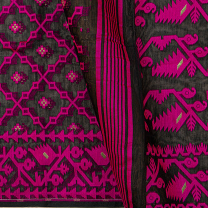 Black And Pink Dhakai Jamdani Mulmul Silk Saree For Party Wear PV MJ 137