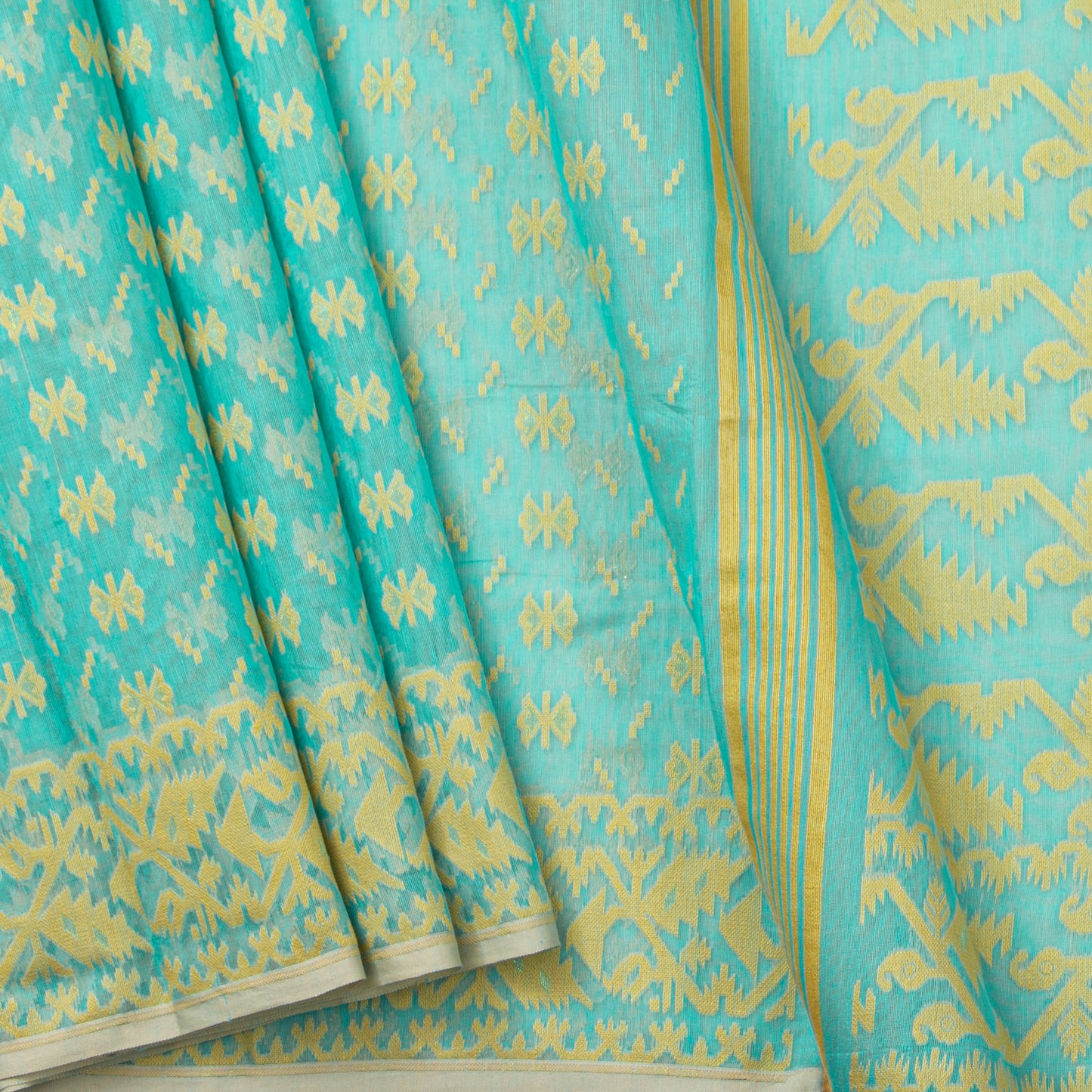Aqua Blue Dhakai Jamdani Mulmul Silk Saree For Party Wear PV MJ 140