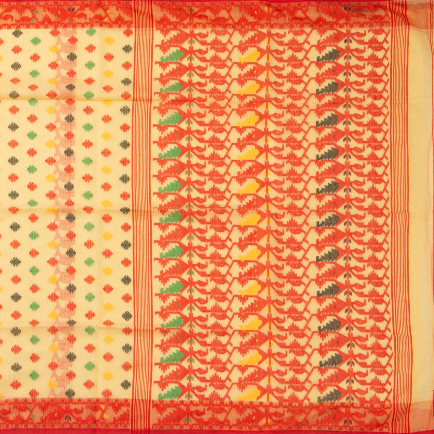 Yellow And Red Dhakai Jamdani Mulmul Silk Saree Handwoven PV MJ 67