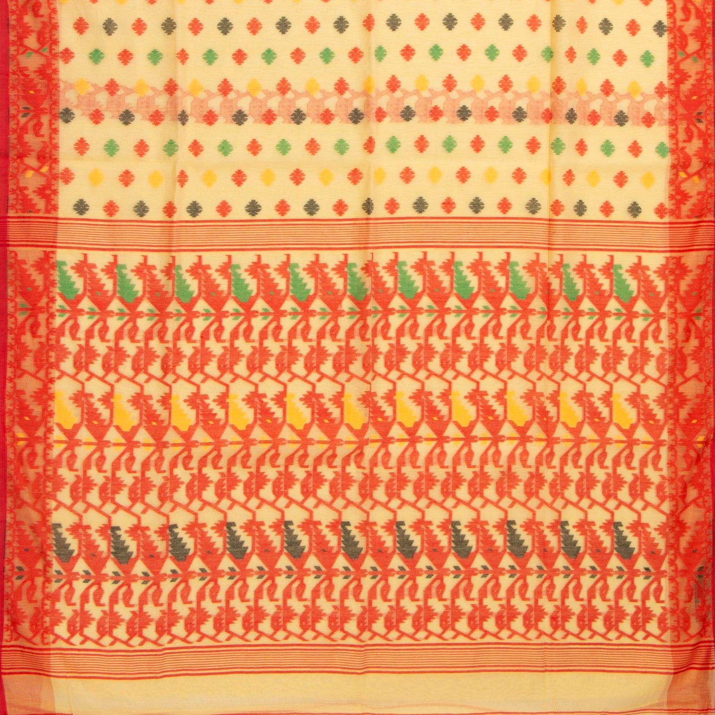 Yellow And Red Dhakai Jamdani Mulmul Silk Saree Handwoven PV MJ 67