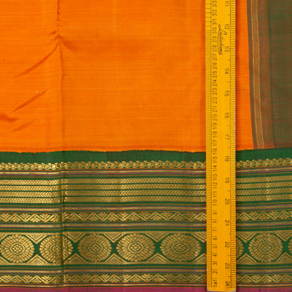 Orange And Green Kanchipuram Silk Saree With Medium Border Handwoven Pure Silk For Festive Wear PV J 4511