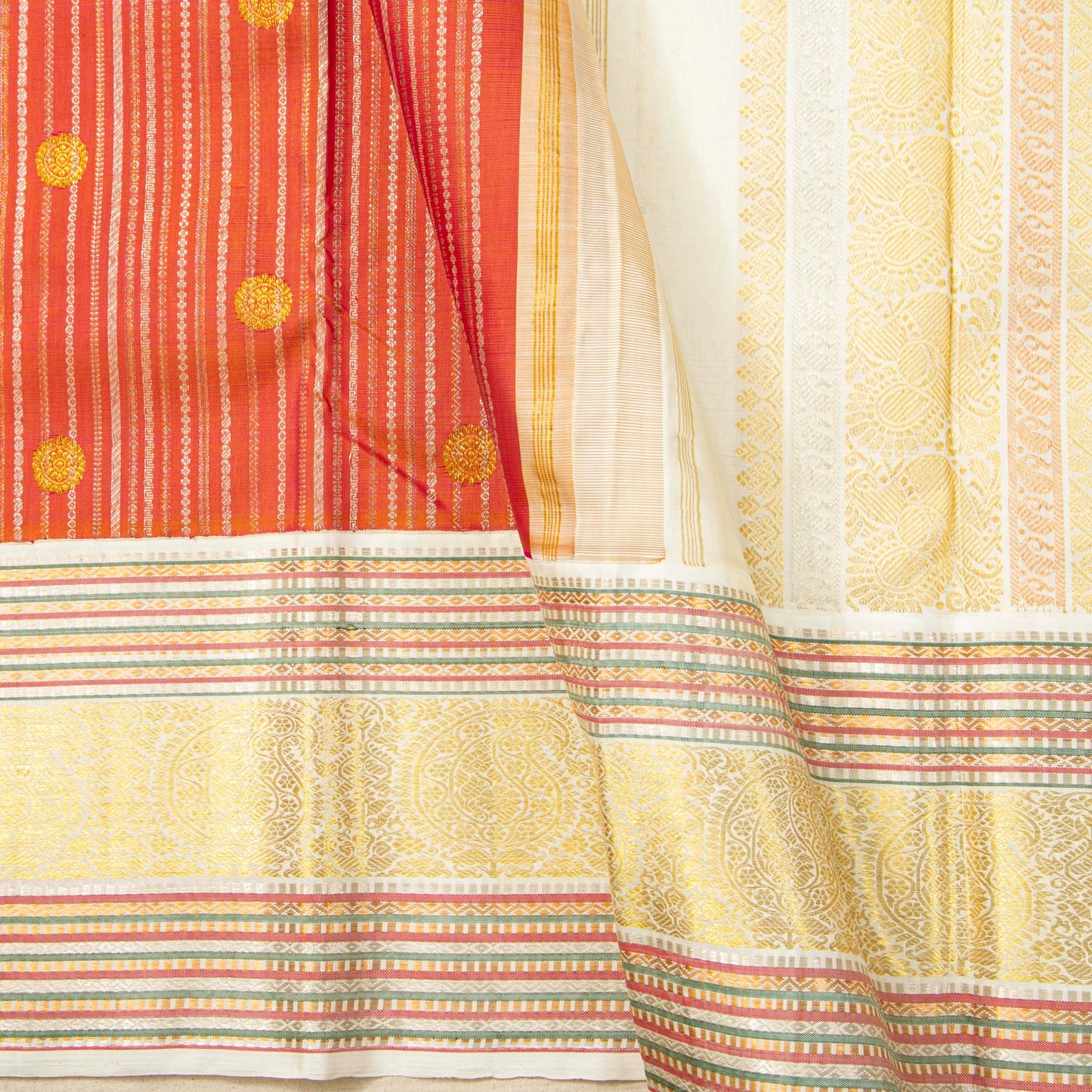 Orange And Off White Kanchipuram Silk Saree For Wedding Wear PV NYC 2063