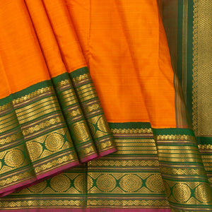 Orange And Green Kanchipuram Silk Saree With Medium Border Handwoven Pure Silk For Festive Wear PV J 4511