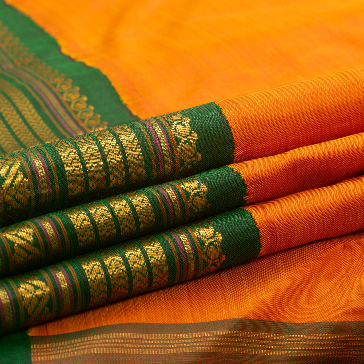 Orange And Green Kanchipuram Silk Saree With Medium Border Handwoven Pure Silk For Festive Wear PV J 4511