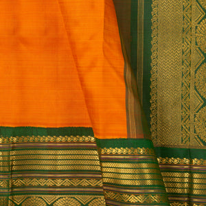 Orange And Green Kanchipuram Silk Saree With Medium Border Handwoven Pure Silk For Festive Wear PV J 4511