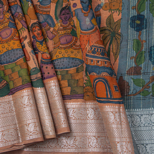 Beige Handpainted Kalamkari Crepe Silk Saree For Festive Wear PV VSR 112