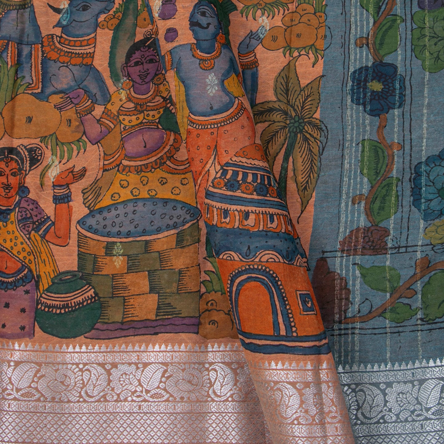 Beige Handpainted Kalamkari Crepe Silk Saree For Festive Wear PV VSR 112