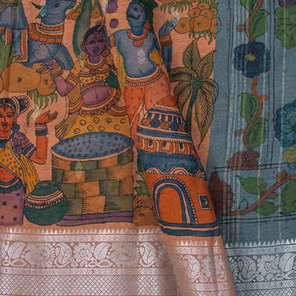 Beige Handpainted Kalamkari Crepe Silk Saree For Festive Wear PV VSR 112