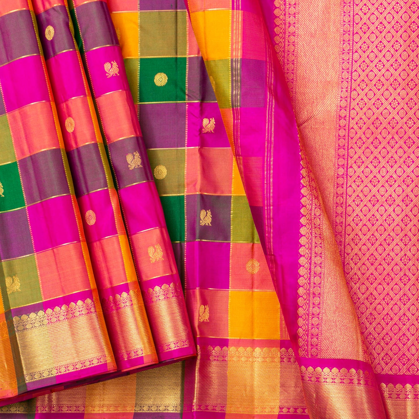 Multi Colour Checks Kanchipuram Silk Saree For Wedding Wear PV NYC 1877