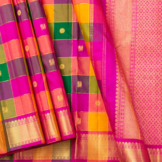 Multi Colour Checks Kanchipuram Silk Saree For Wedding Wear PV NYC 1877