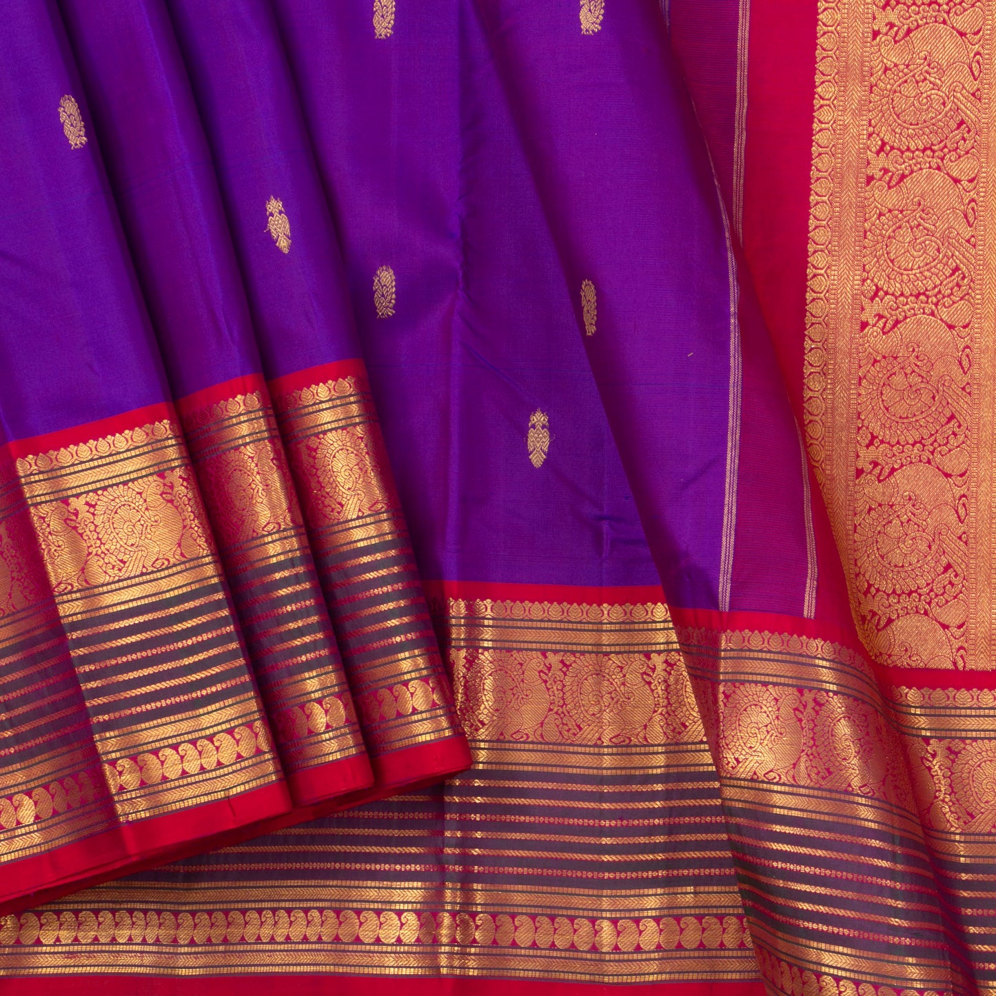 Purple And Red Kanchipuram Silk Saree With Medium Border Handwoven Pure Silk For Festive Wear PV J 4506