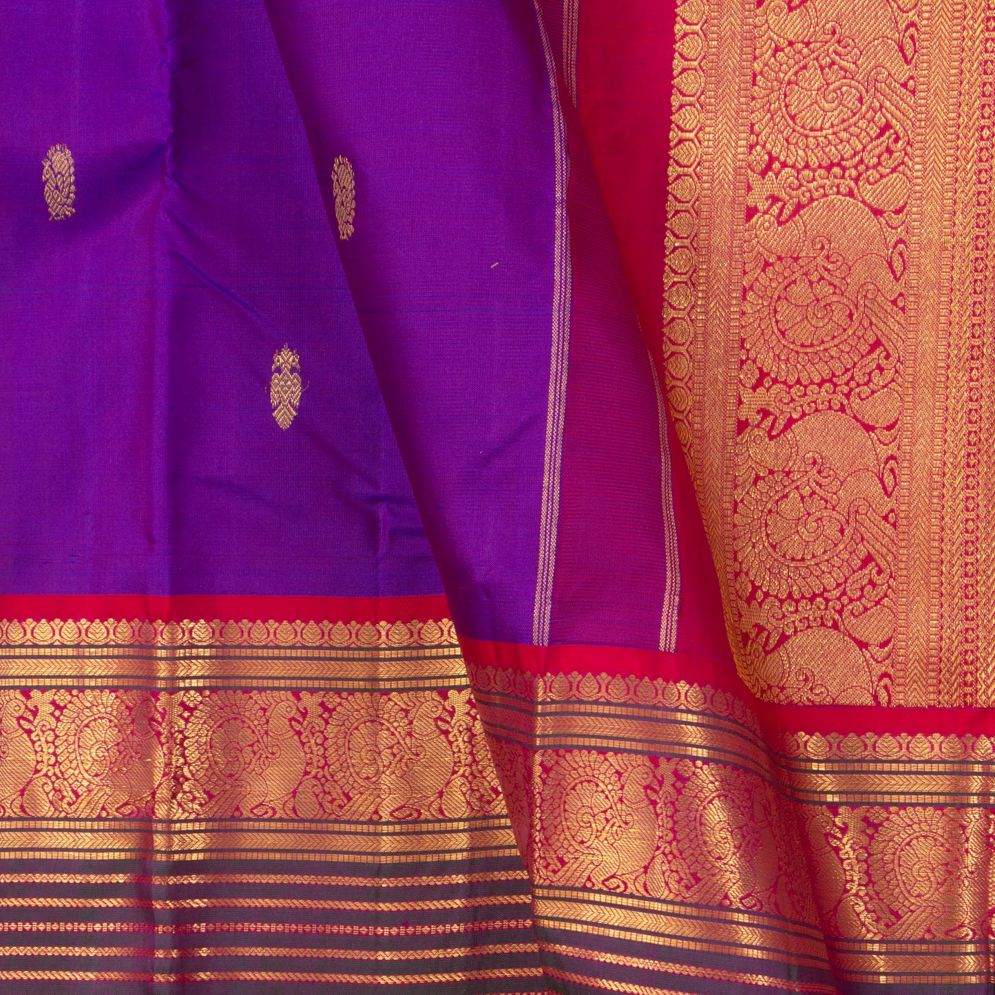 Purple And Red Kanchipuram Silk Saree With Medium Border Handwoven Pure Silk For Festive Wear PV J 4506