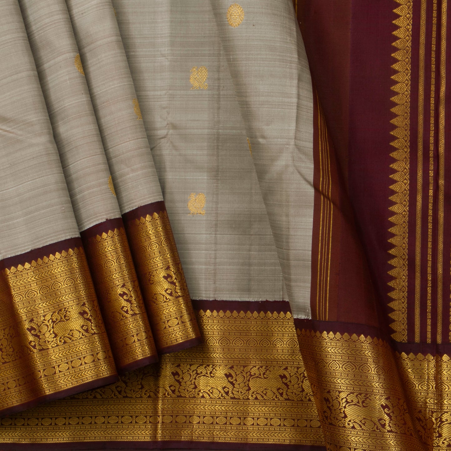 Grey And Brown Handwoven Pure Silk Pure Zari For Festive Wear PV J 3289