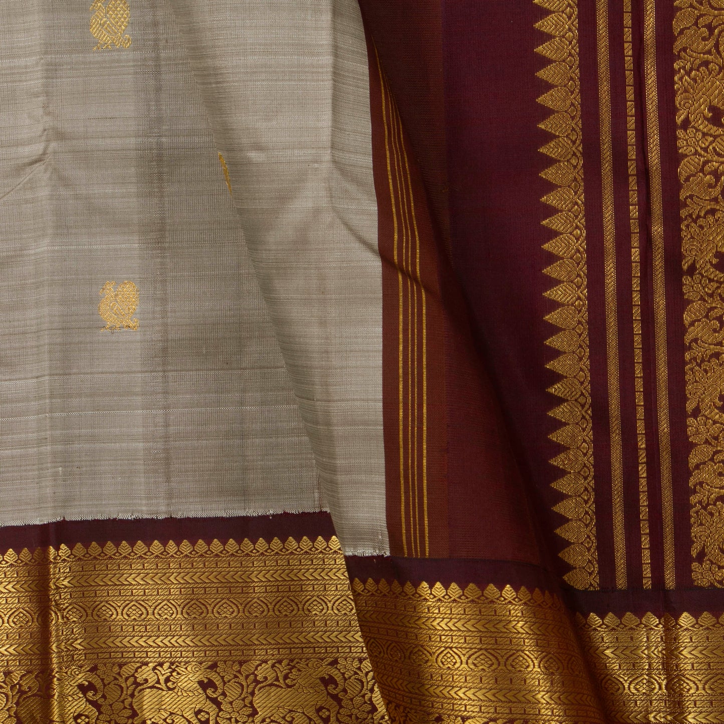 Grey And Brown Handwoven Pure Silk Pure Zari For Festive Wear PV J 3289